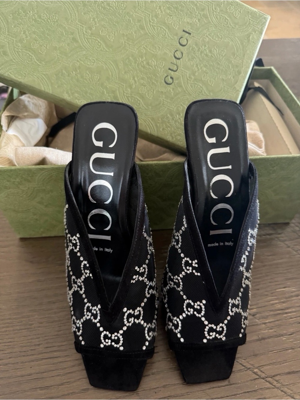 ucci Black Leather Suede GG Logo Rhinestone Slip-On Mule Heels Women 6.5